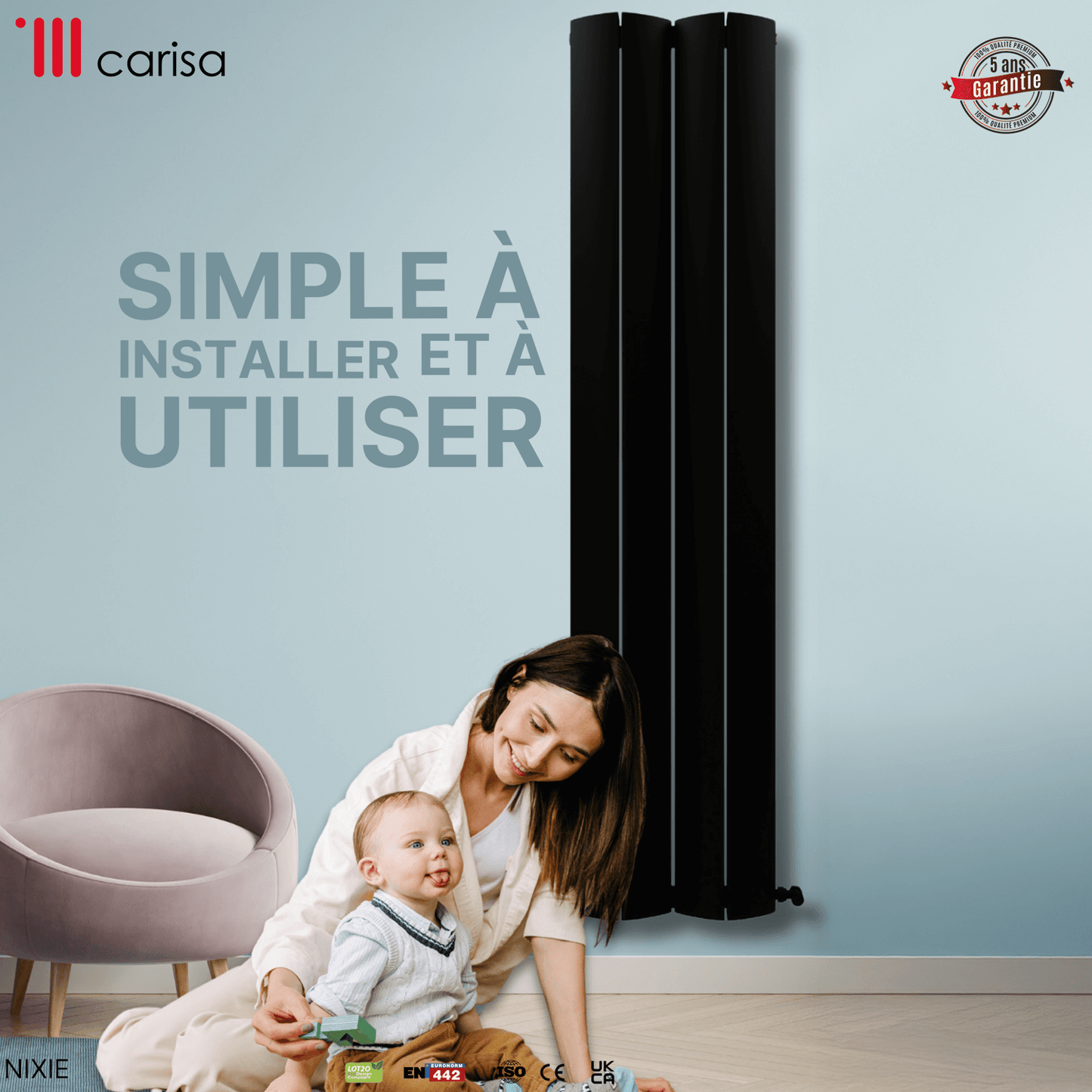 Carisa Nixie Vertikaler Aluminium-Heizkörper, modernes Design, Schwarz