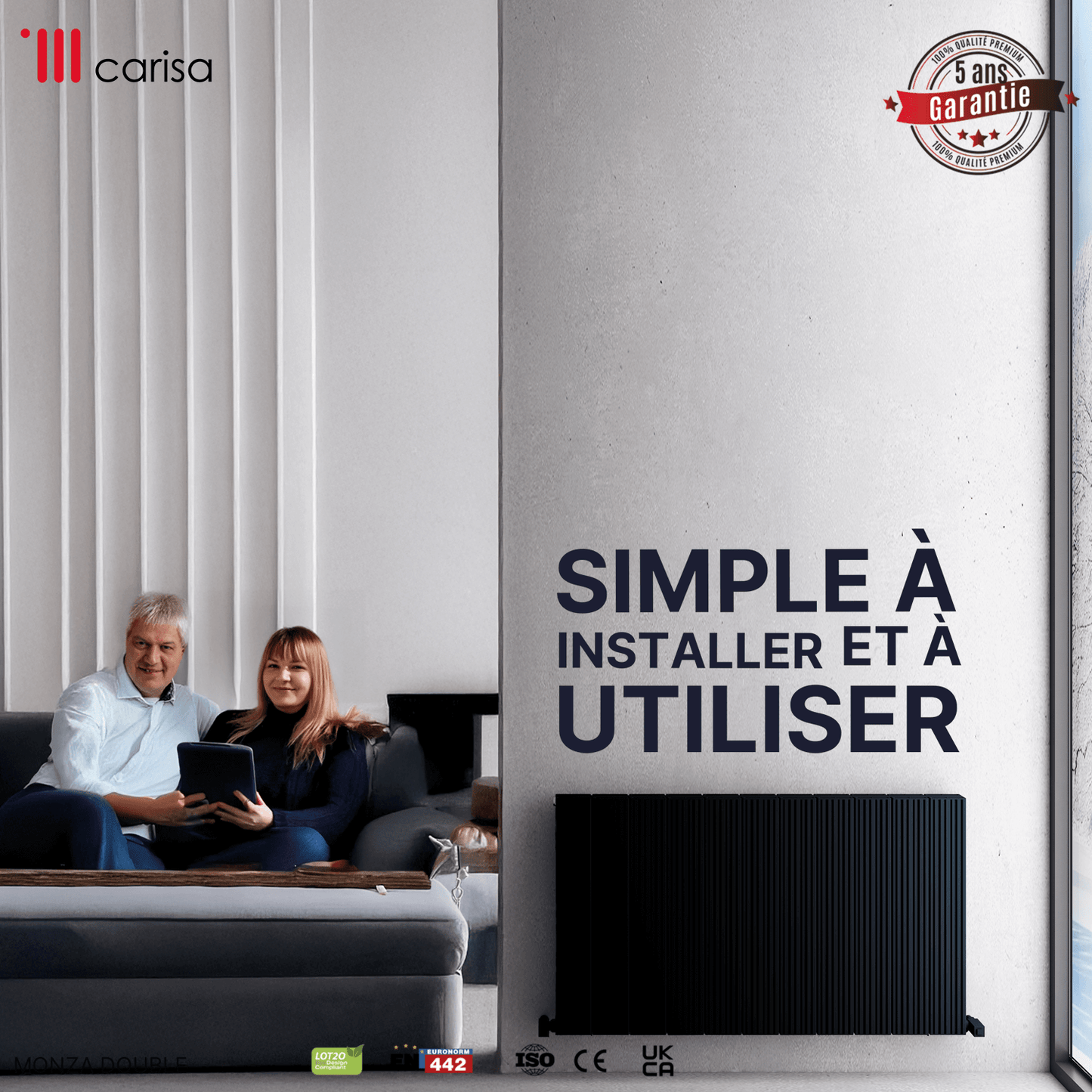 Carisa Monza Horizontaler Aluminium-Heizkörper, modernes Design, Schwarz