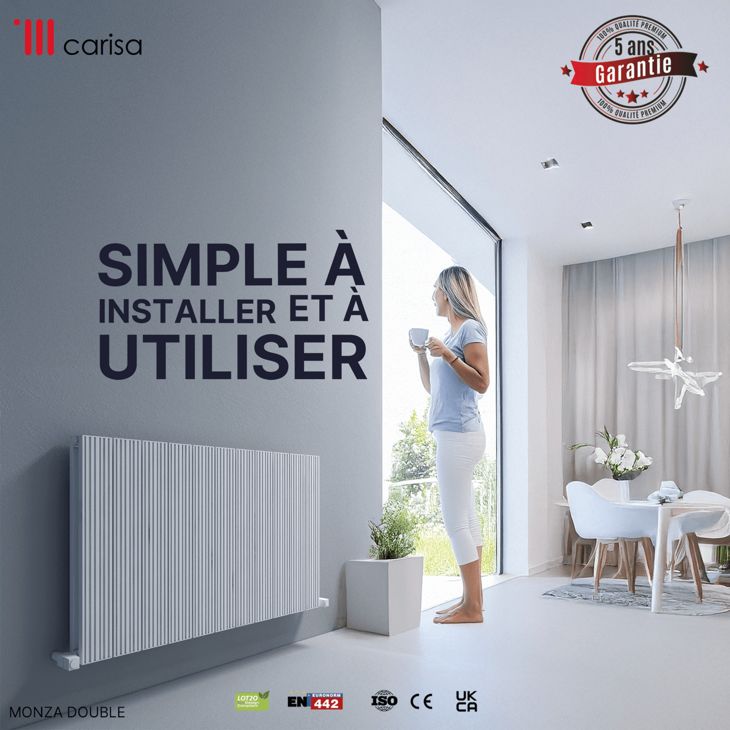 Carisa Monza Horizontaler Aluminium-Heizkörper, modernes Design, Weiß