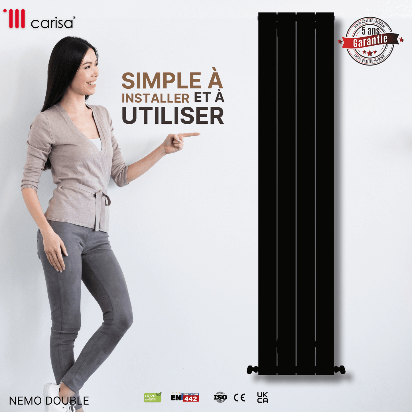 Carisa Nemo Vertikaler Aluminium-Heizkörper, modernes Design, Schwarz