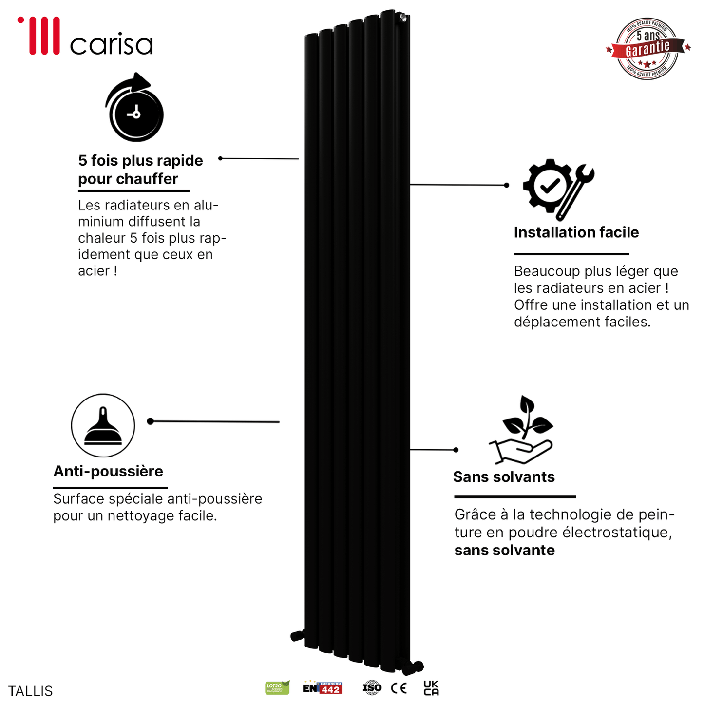 Carisa Tallis Vertikaler Aluminium-Heizkörper, modernes Design, Schwarz