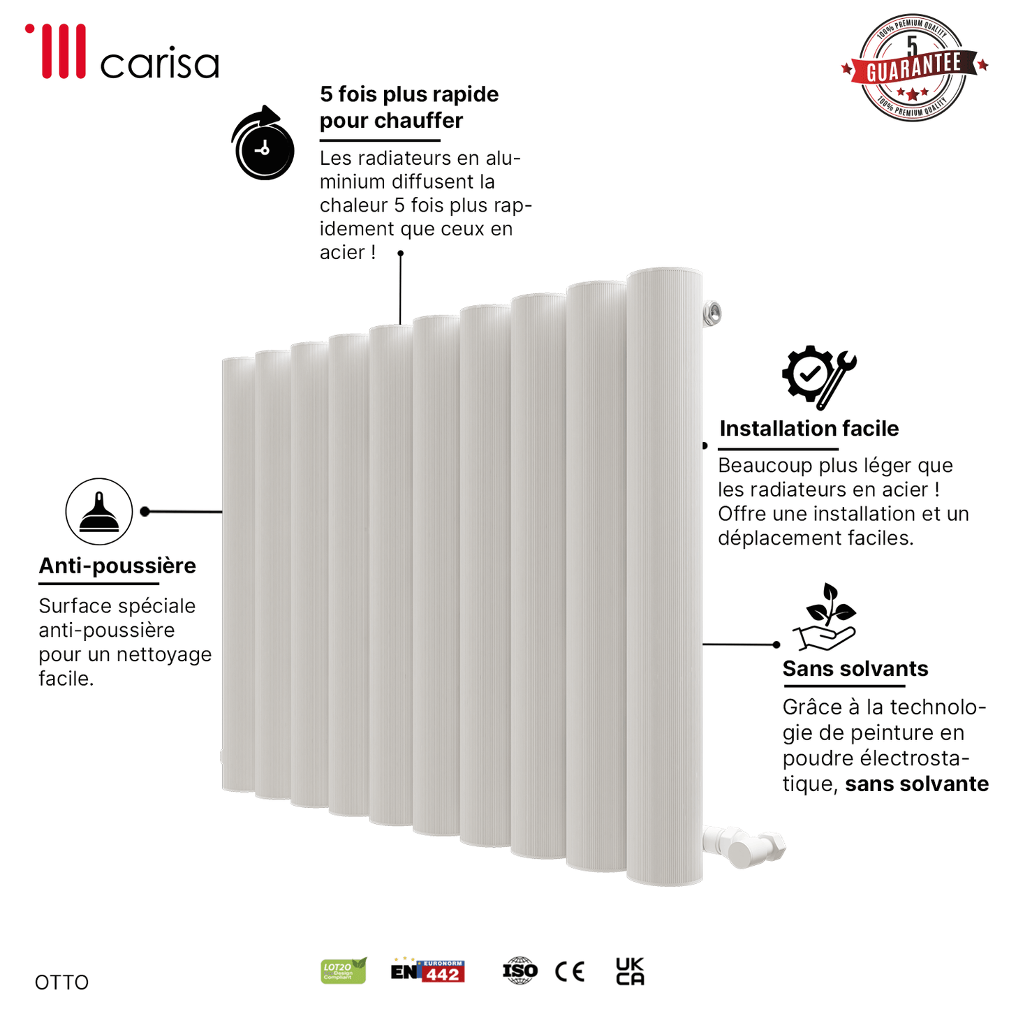 Carisa Otto Aluminium-Heizkörper, horizontal, modernes Design, Weiß