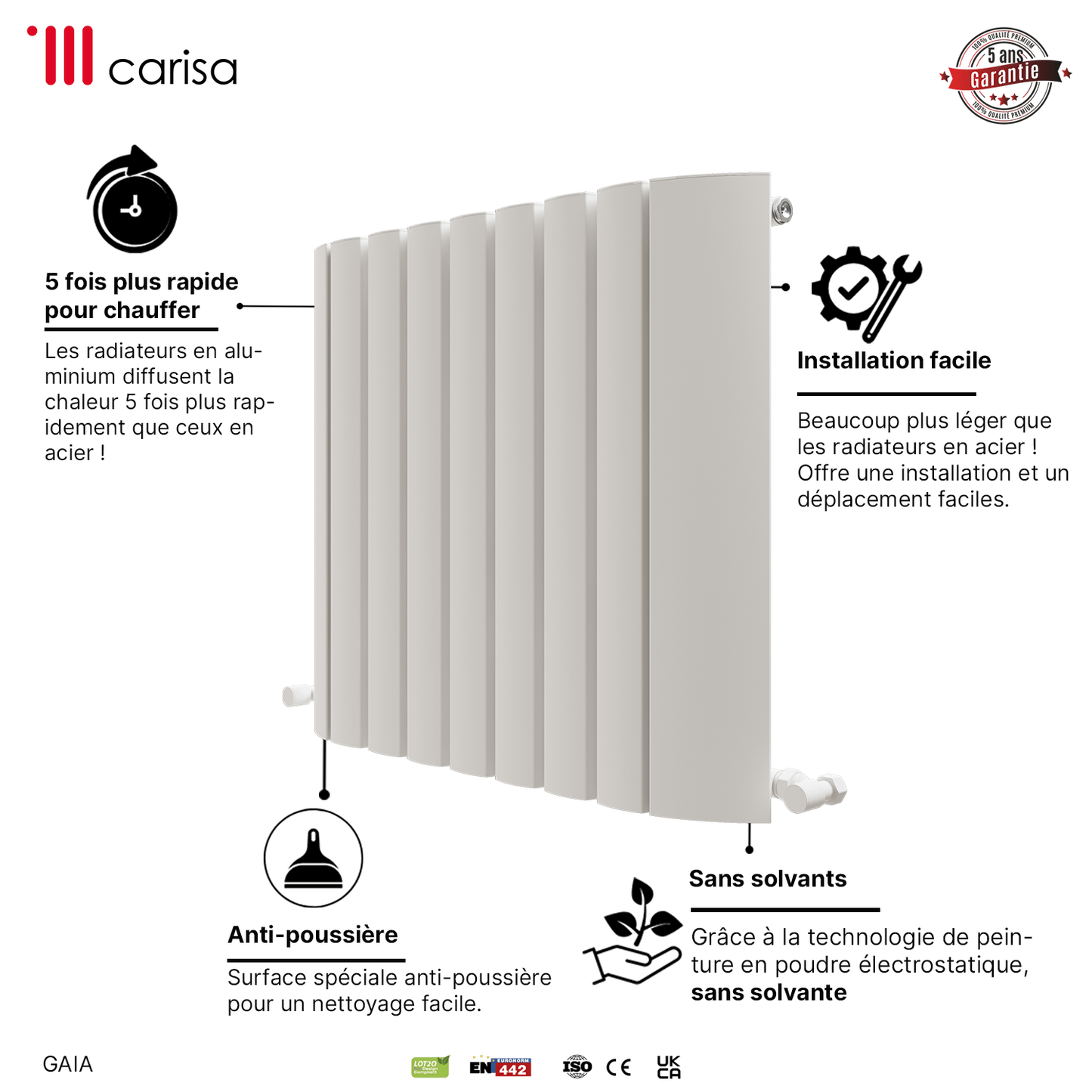 Carisa Gaia Horizontaler Aluminium-Heizkörper, modernes Design, Weiß