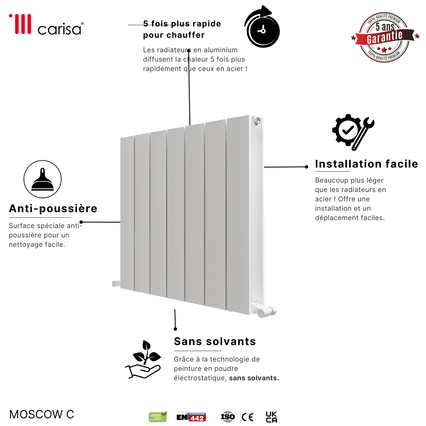 Carisa Moscow C Horizontaler Aluminium-Heizkörper, modernes Design, Weiß