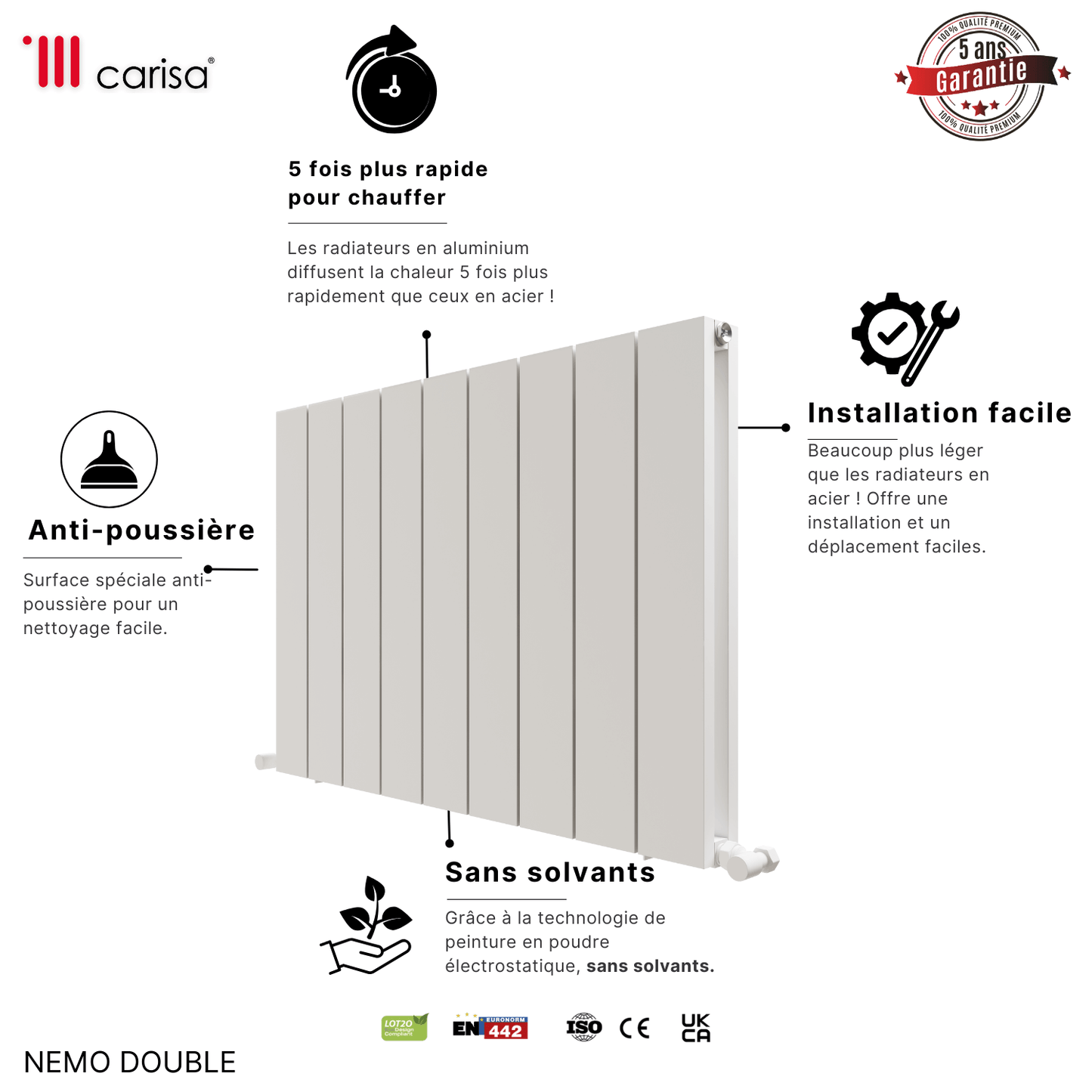 Carisa Nemo Horizontaler Aluminium-Heizkörper, modernes Design, Weiß