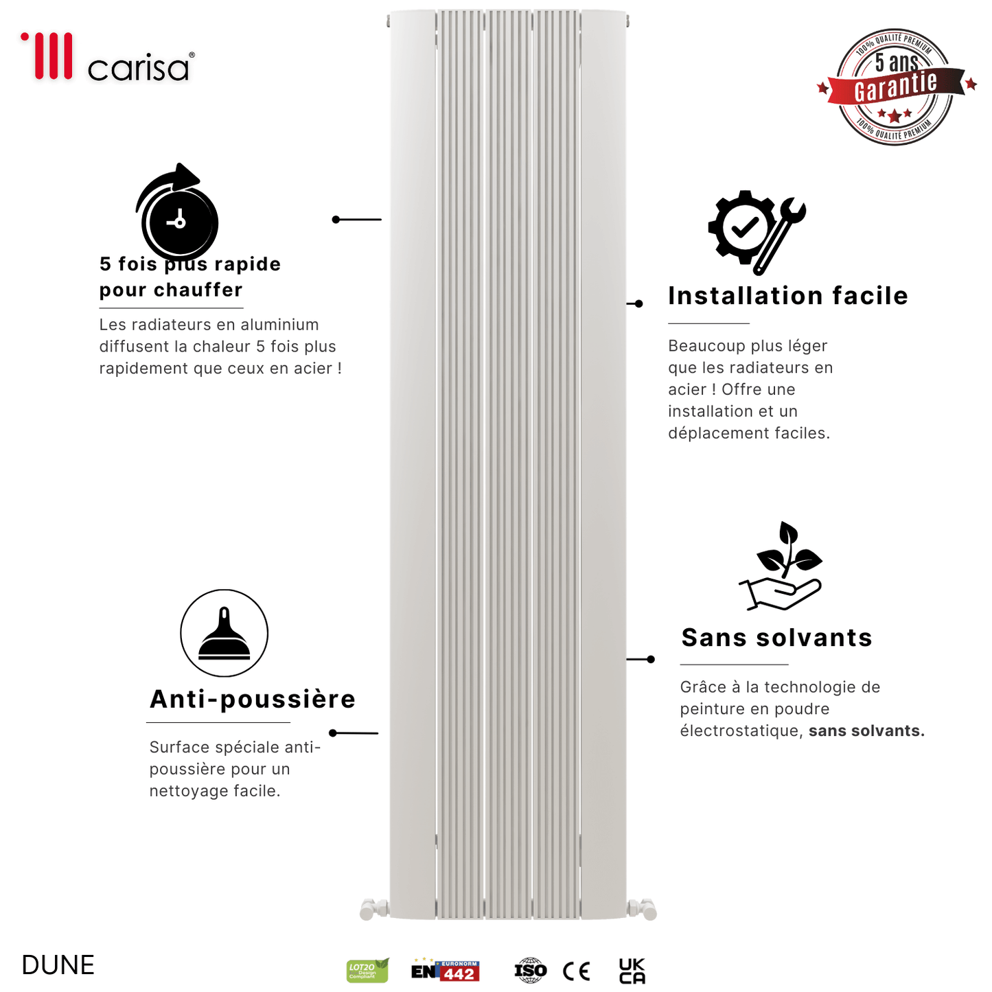 Carisa Dune Vertikaler Aluminium-Heizkörper, modernes Design, Weiß