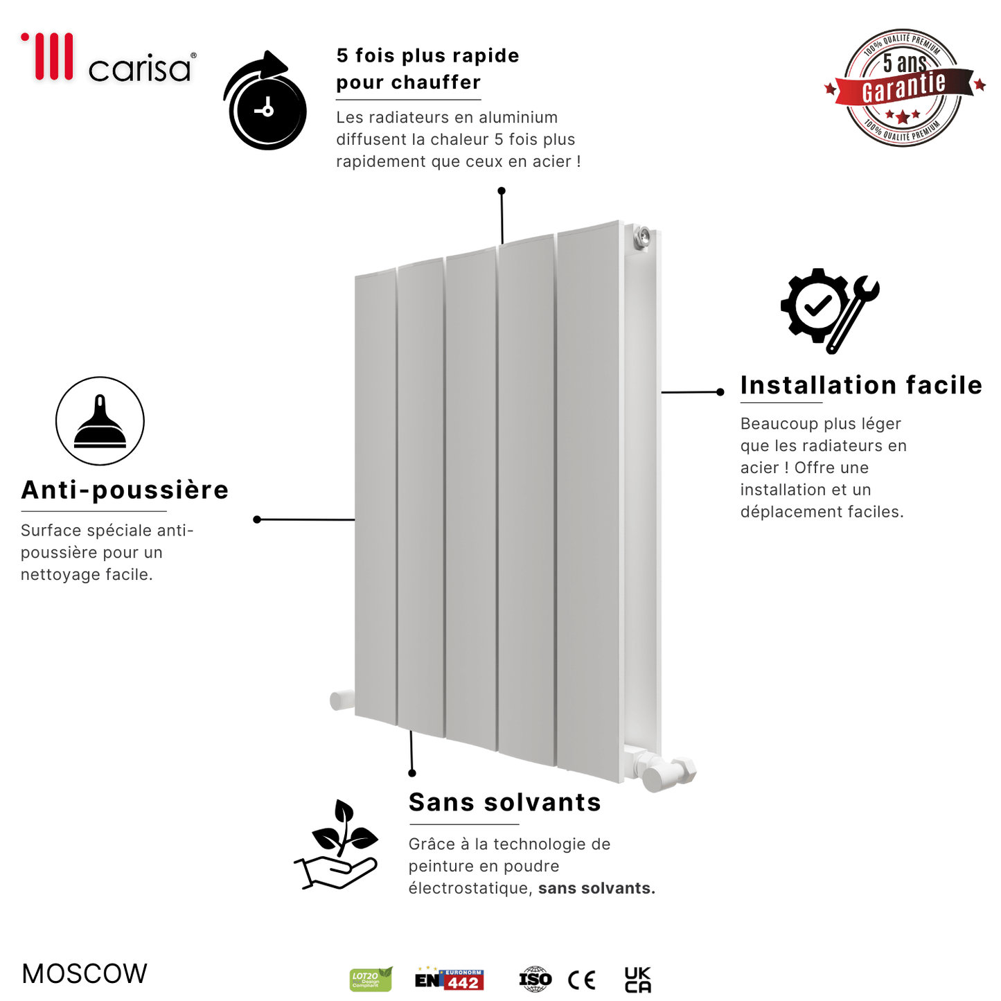 Carisa Moskau Horizontaler Aluminium-Heizkörper, modernes Design, Weiß