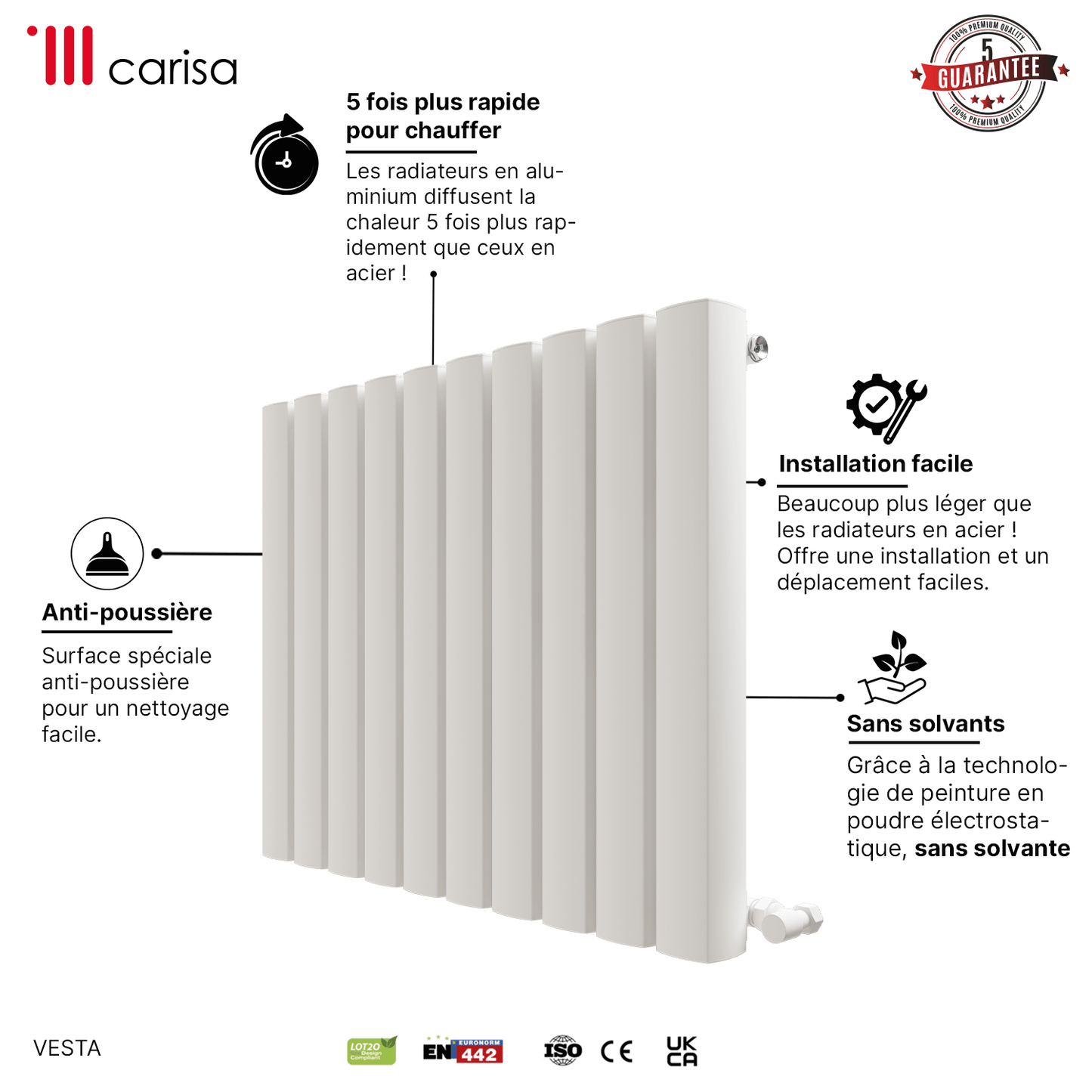 Carisa Vesta Horizontaler Aluminium-Heizkörper, modernes Design, Weiß