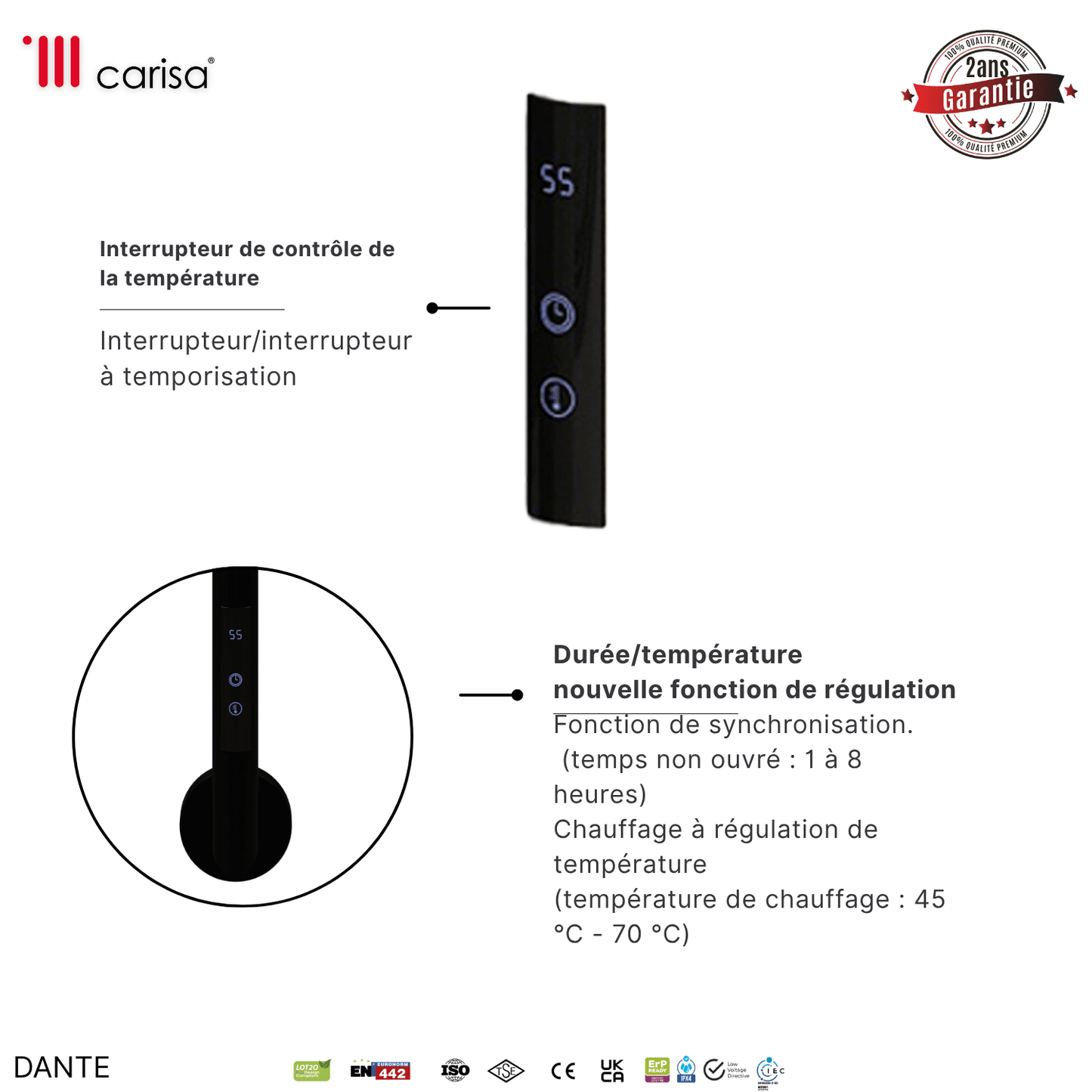 Carisa Dante Sèche-Serviette Électrique Design Moderne Noir Mat