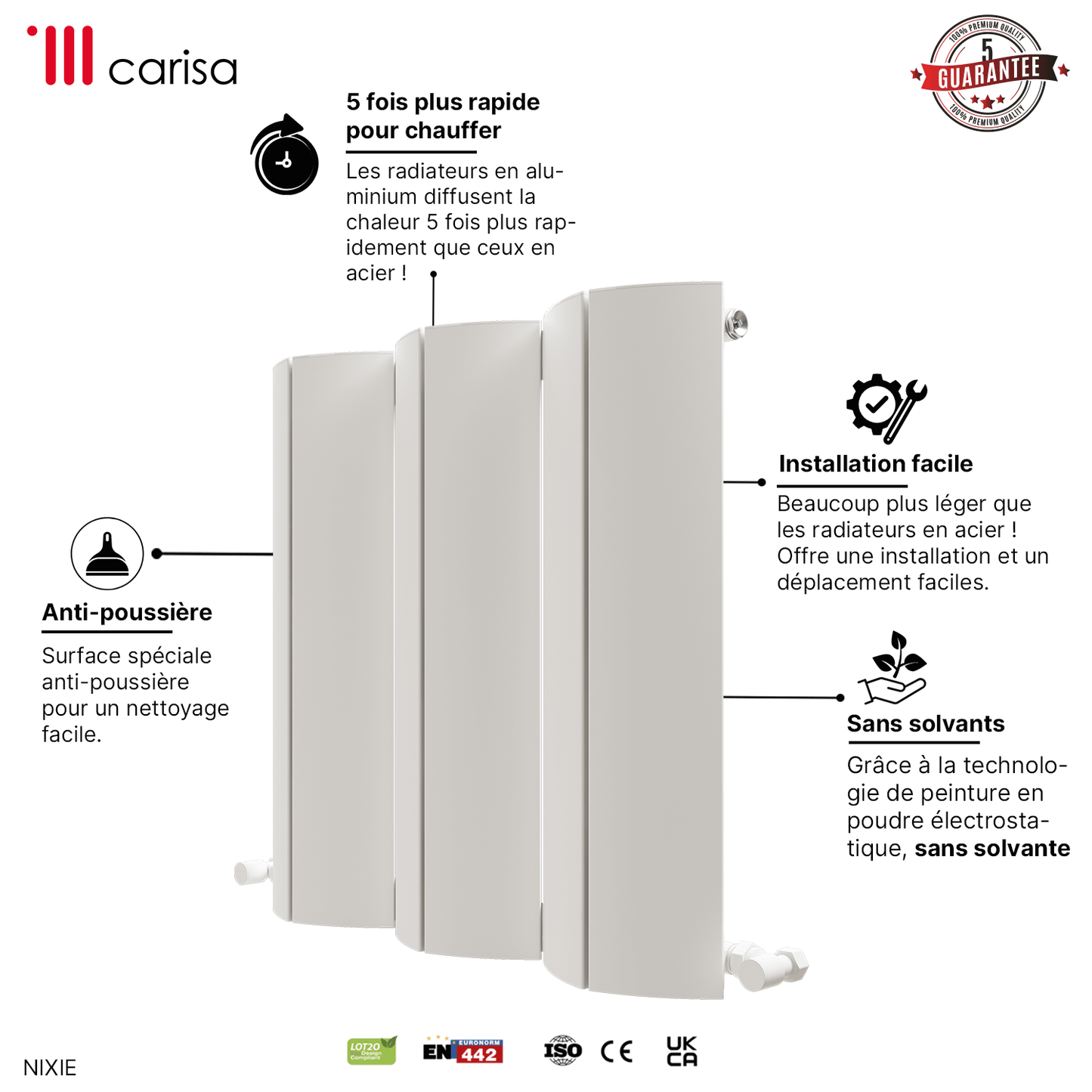 Carisa Nixie Horizontaler Aluminium-Heizkörper, modernes Design, Weiß