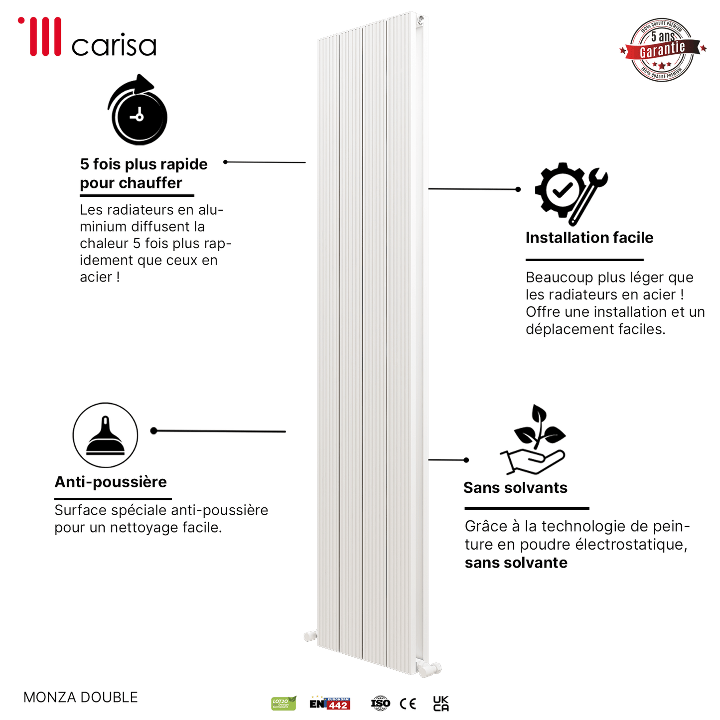 Carisa Monza Vertikaler Aluminium-Heizkörper, modernes Design, Weiß