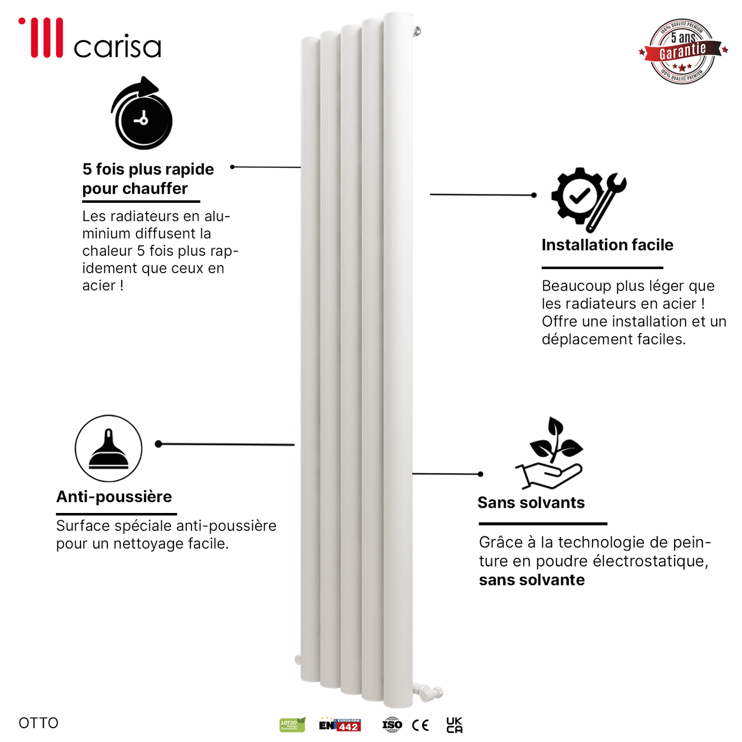 Carisa Otto Vertikaler Aluminium-Heizkörper, modernes Design, Weiß