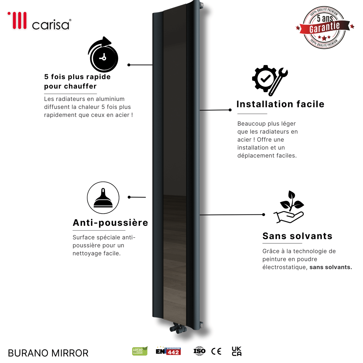 Carisa Burano Spiegel Vertikaler Aluminiumheizkörper Modernes Design Anthrazit