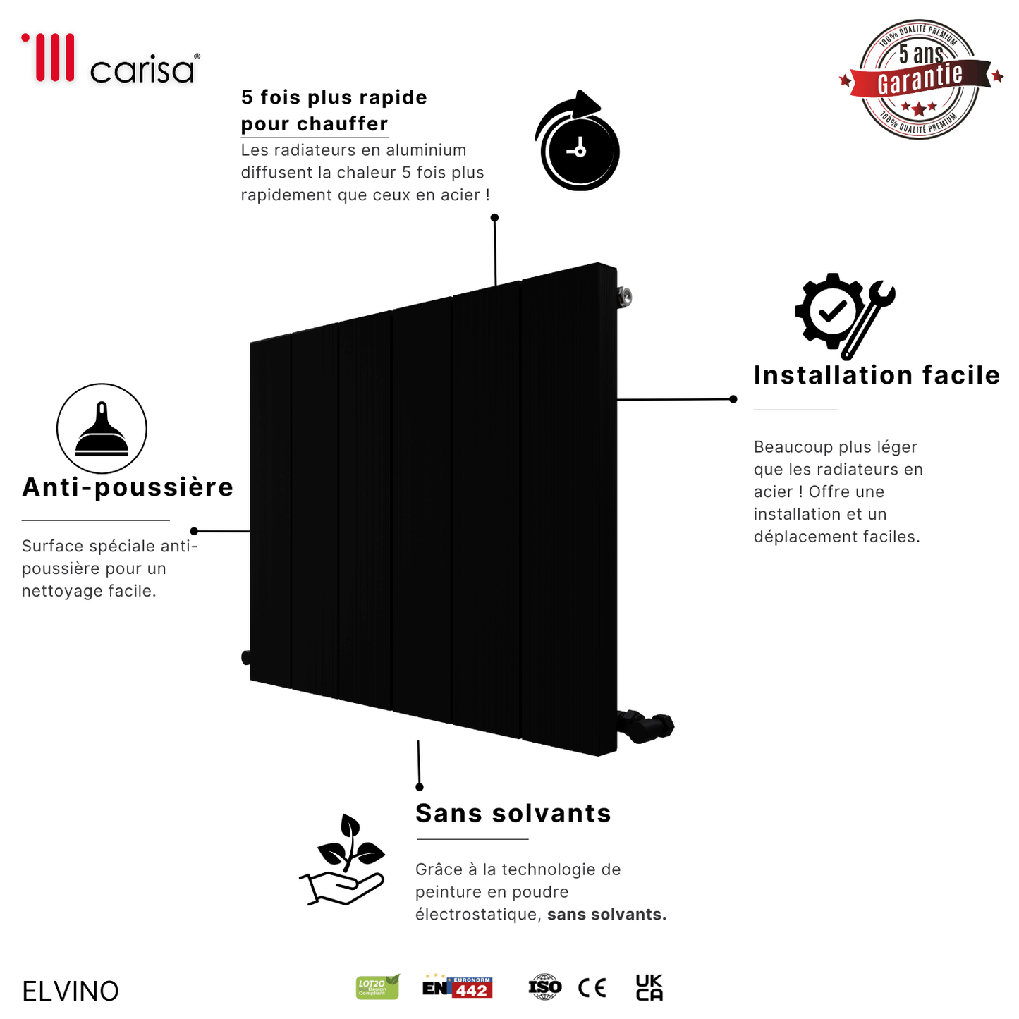 Carisa Elvino Horizontaler Aluminium-Heizkörper, modernes Design, Schwarz