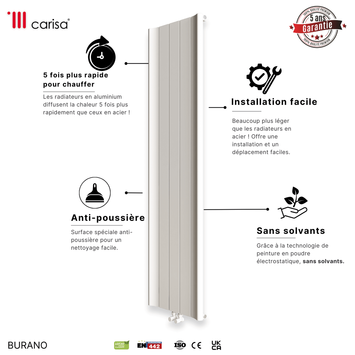Carisa Burano Vertikaler Aluminium-Heizkörper, modernes Design, Weiß