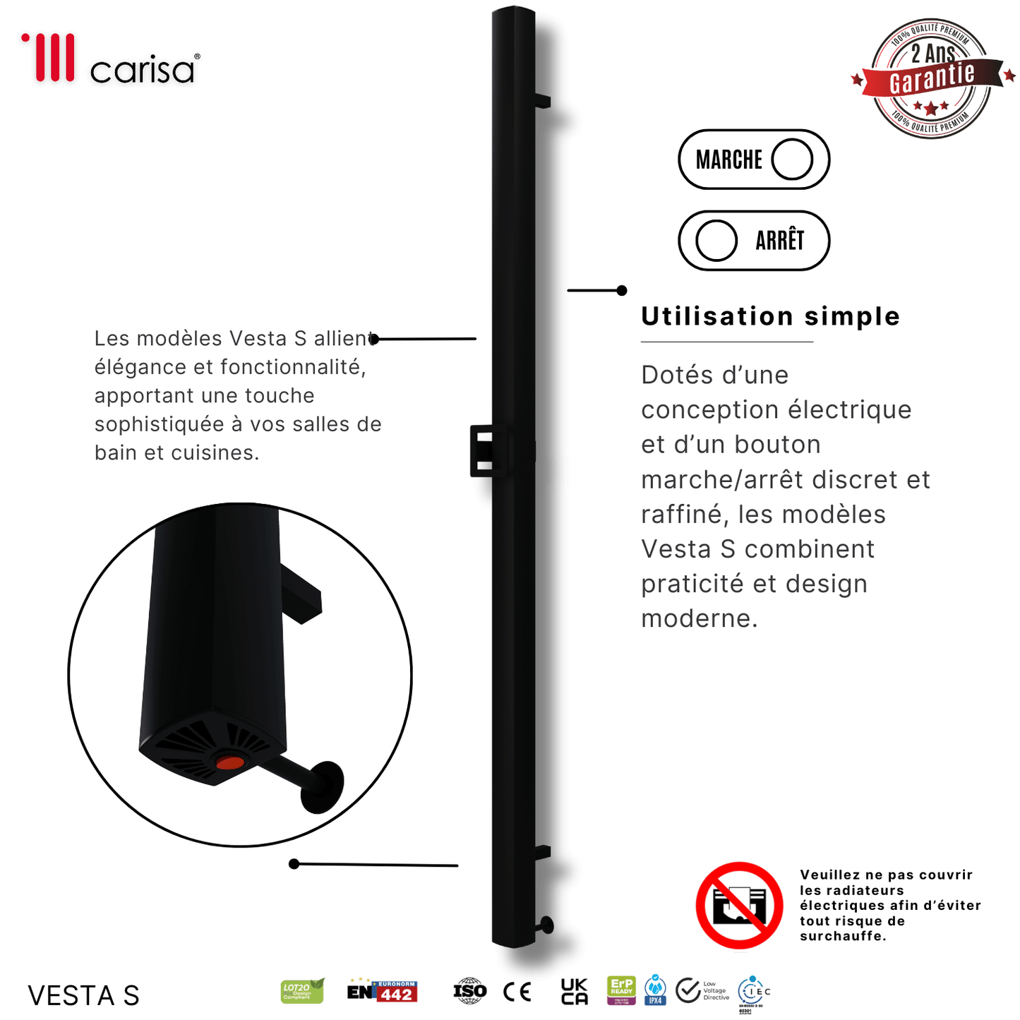 Carisa Vesta Einzelner elektrischer Handtuchtrockner, modernes Design, Schwarz