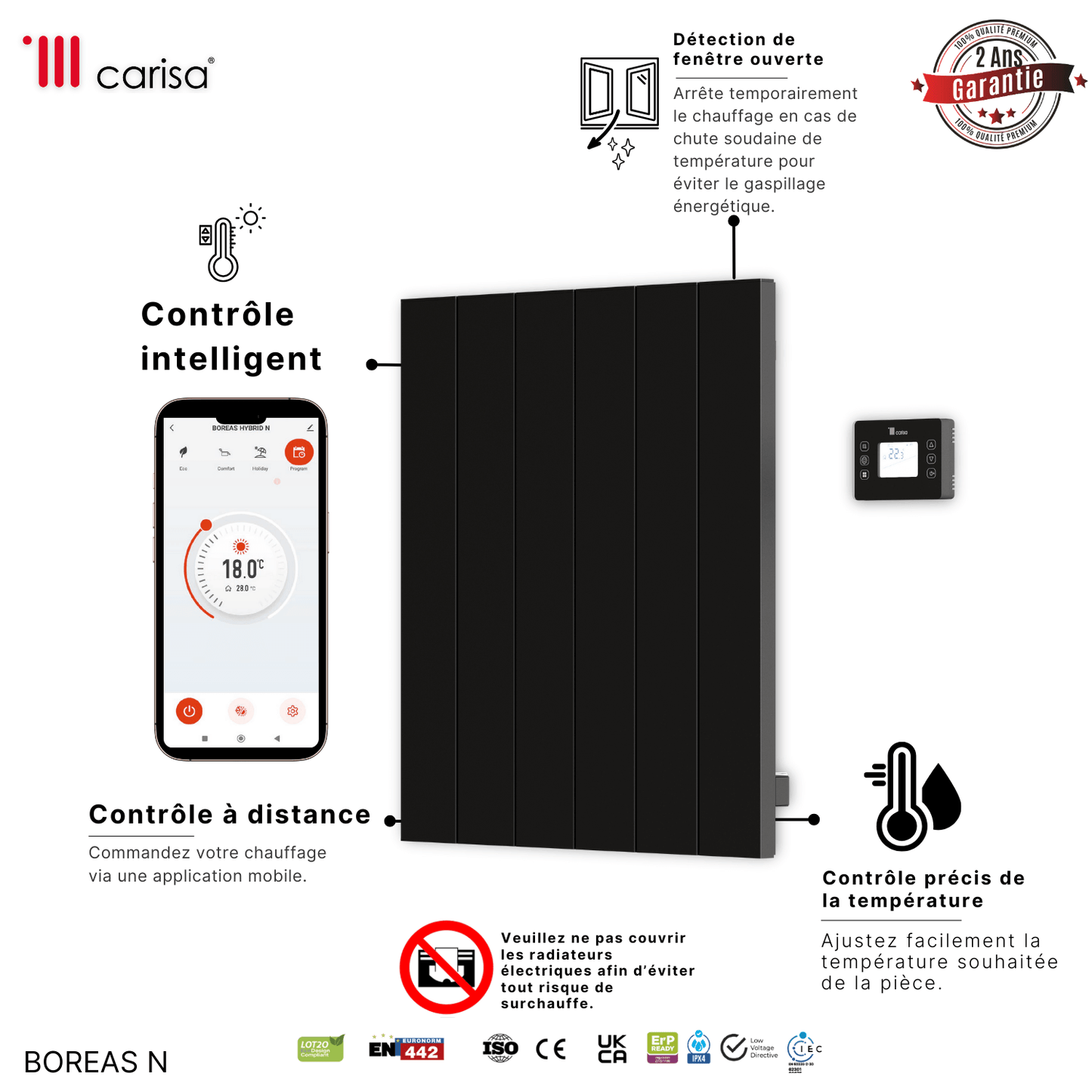 Carisa Boreas M Horizontaler elektrischer Heizkörper, modernes Design, Schwarz