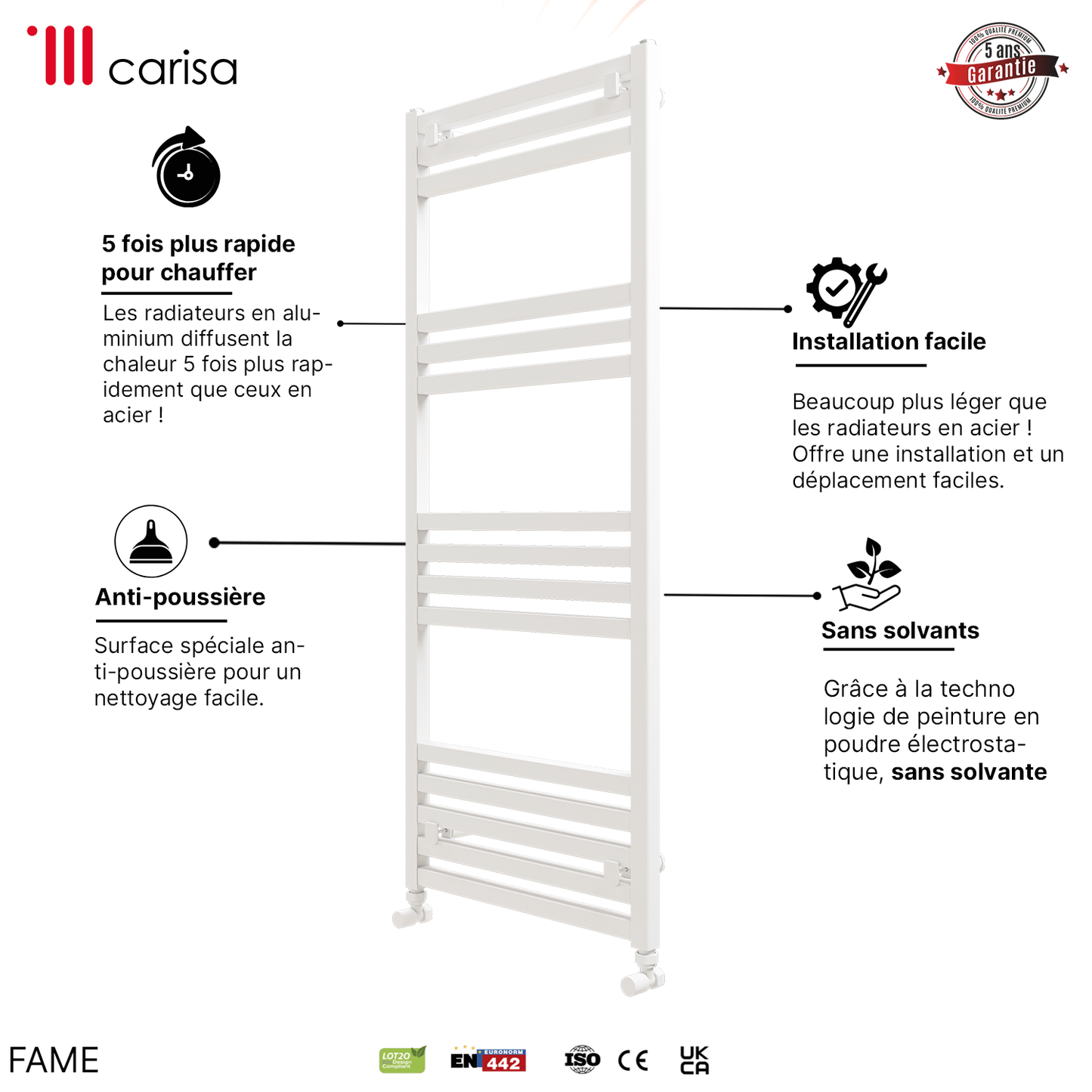 Carisa Fame Handtuchwärmer aus Aluminium, modernes Design, Weiß