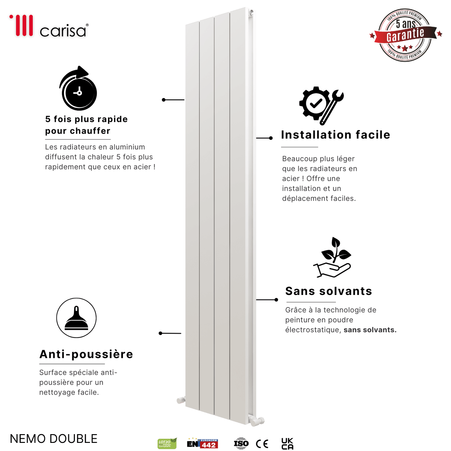 Carisa Nemo Vertikaler Aluminium-Heizkörper, modernes Design, Weiß