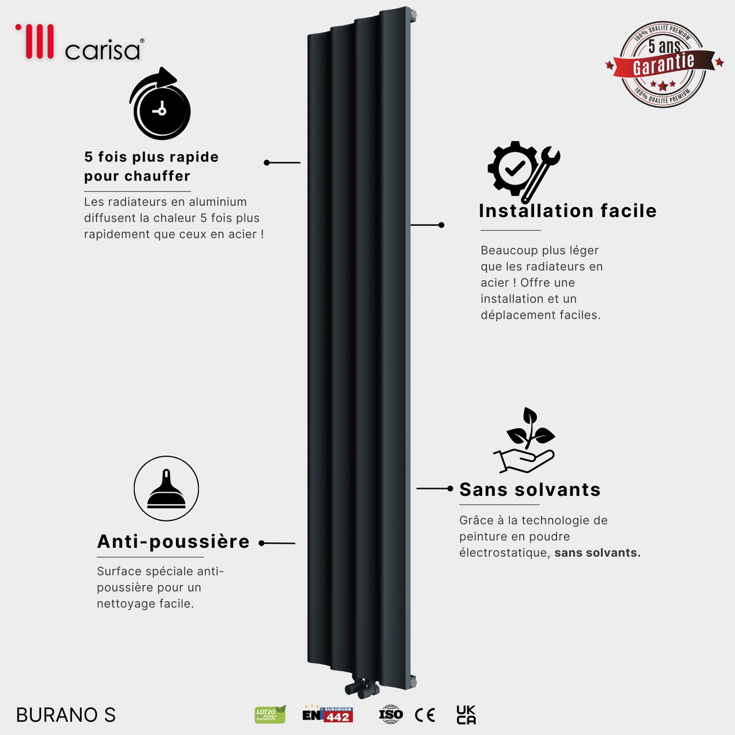Carisa Burano S Vertikaler Aluminium-Heizkörper, modernes Design, Anthrazit
