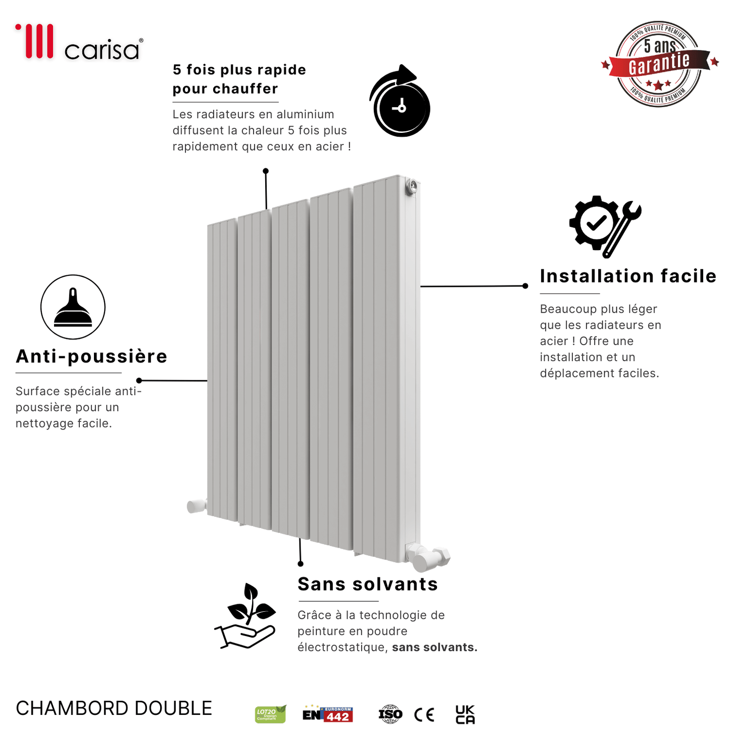 Carisa Chambord Horizontaler Aluminium-Heizkörper, modernes Design, Weiß