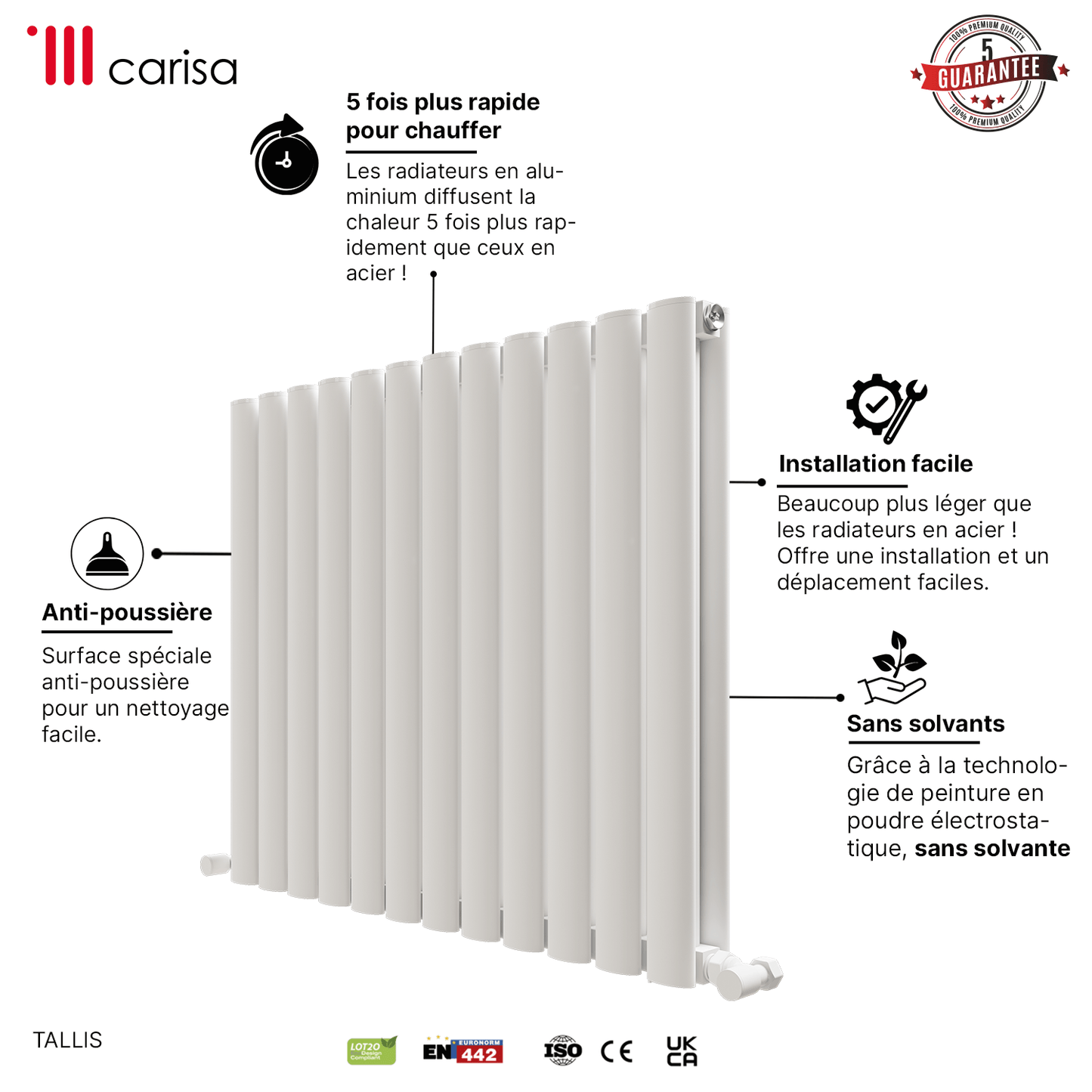 Carisa Tallis Horizontaler Aluminium-Heizkörper, modernes Design, Weiß
