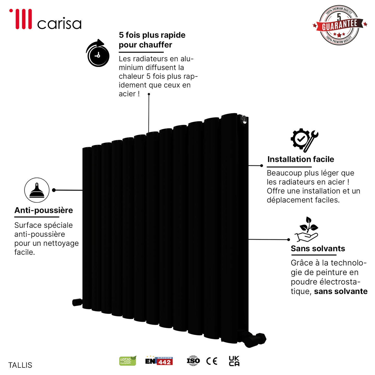 Carisa Tallis Aluminium-Heizkörper, horizontal, modernes Design, Schwarz