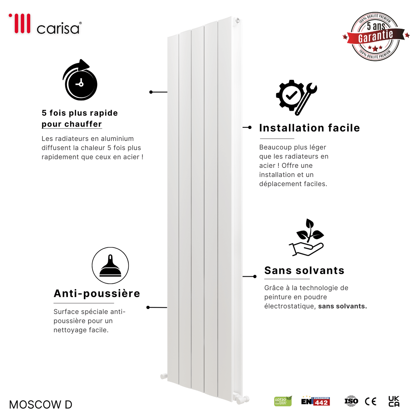 Carisa Moscow D Vertikaler Aluminium-Heizkörper, modernes Design, Weiß