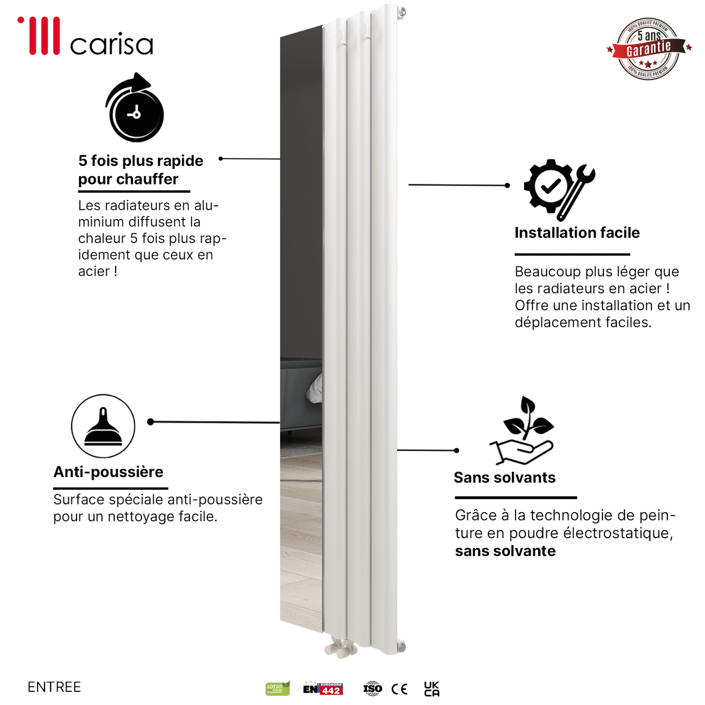 Carisa Entrance Vertikaler Aluminium-Heizkörper, modernes Design, Weiß