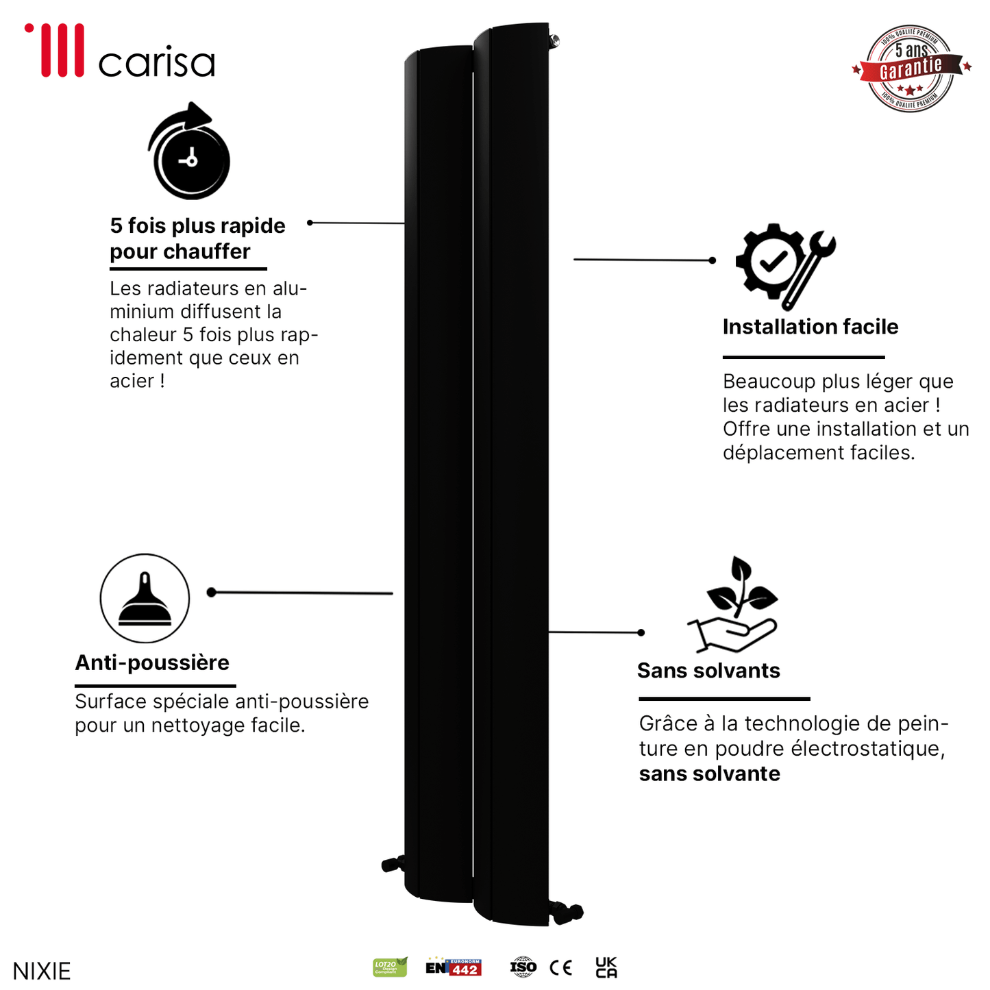 Carisa Nixie Vertikaler Aluminium-Heizkörper, modernes Design, Schwarz