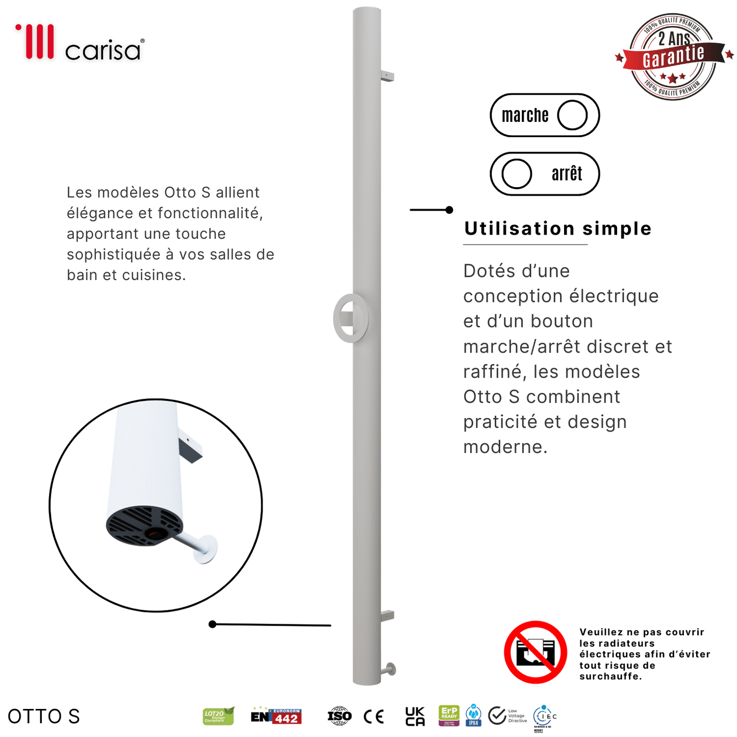 Carisa Otto Einzelner elektrischer Handtuchwärmer, modernes Design, Weiß