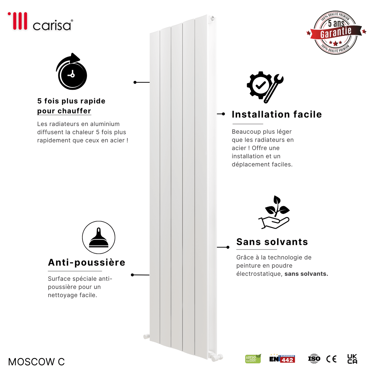 Carisa Moscow C Vertikaler Aluminium-Heizkörper, modernes Design, Weiß