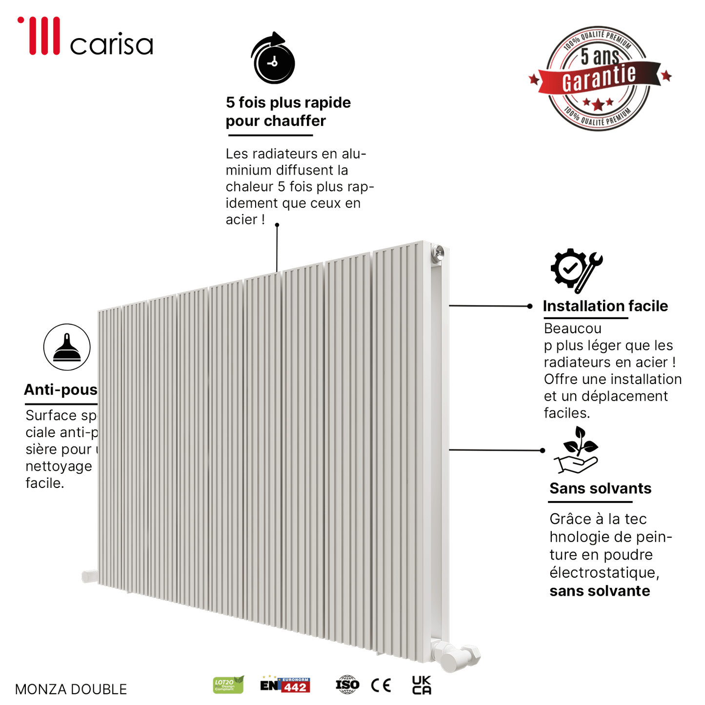 Carisa Monza Horizontaler Aluminium-Heizkörper, modernes Design, Weiß