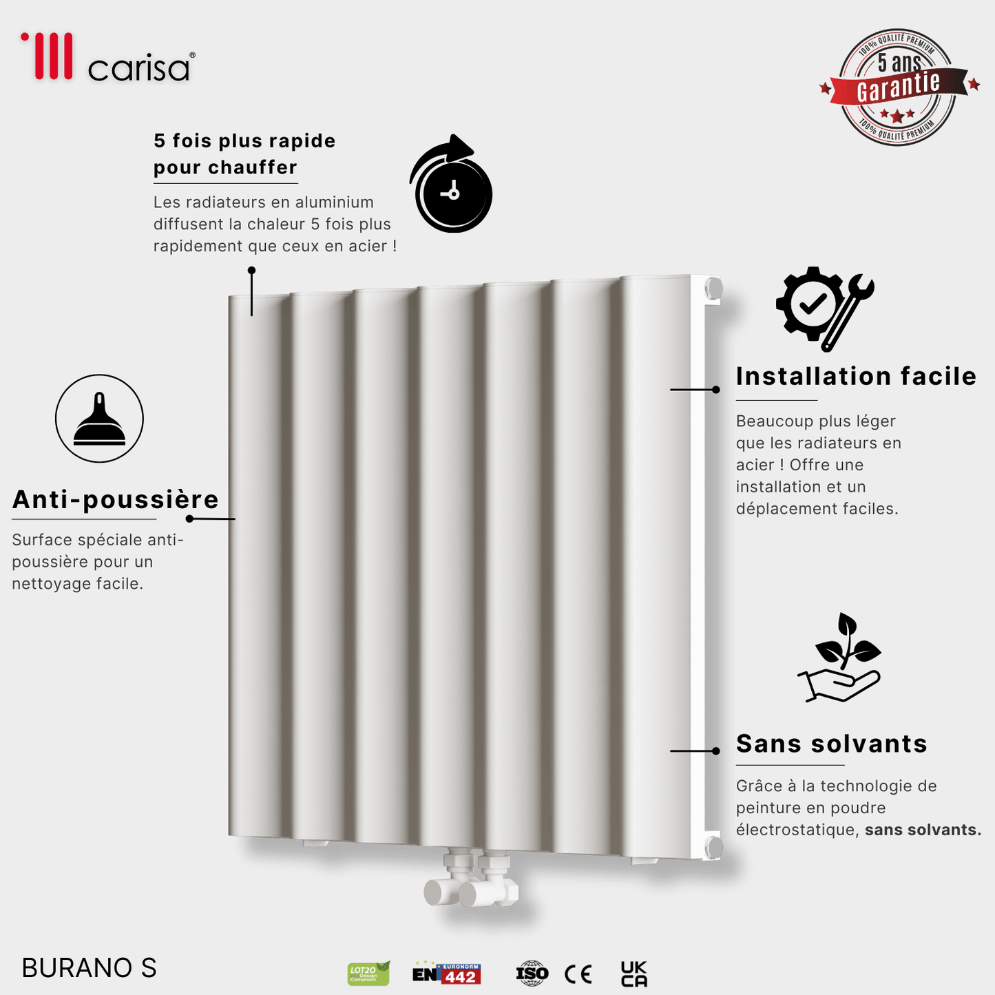 Carisa Burano S Horizontaler Aluminium-Heizkörper, modernes Design, Weiß