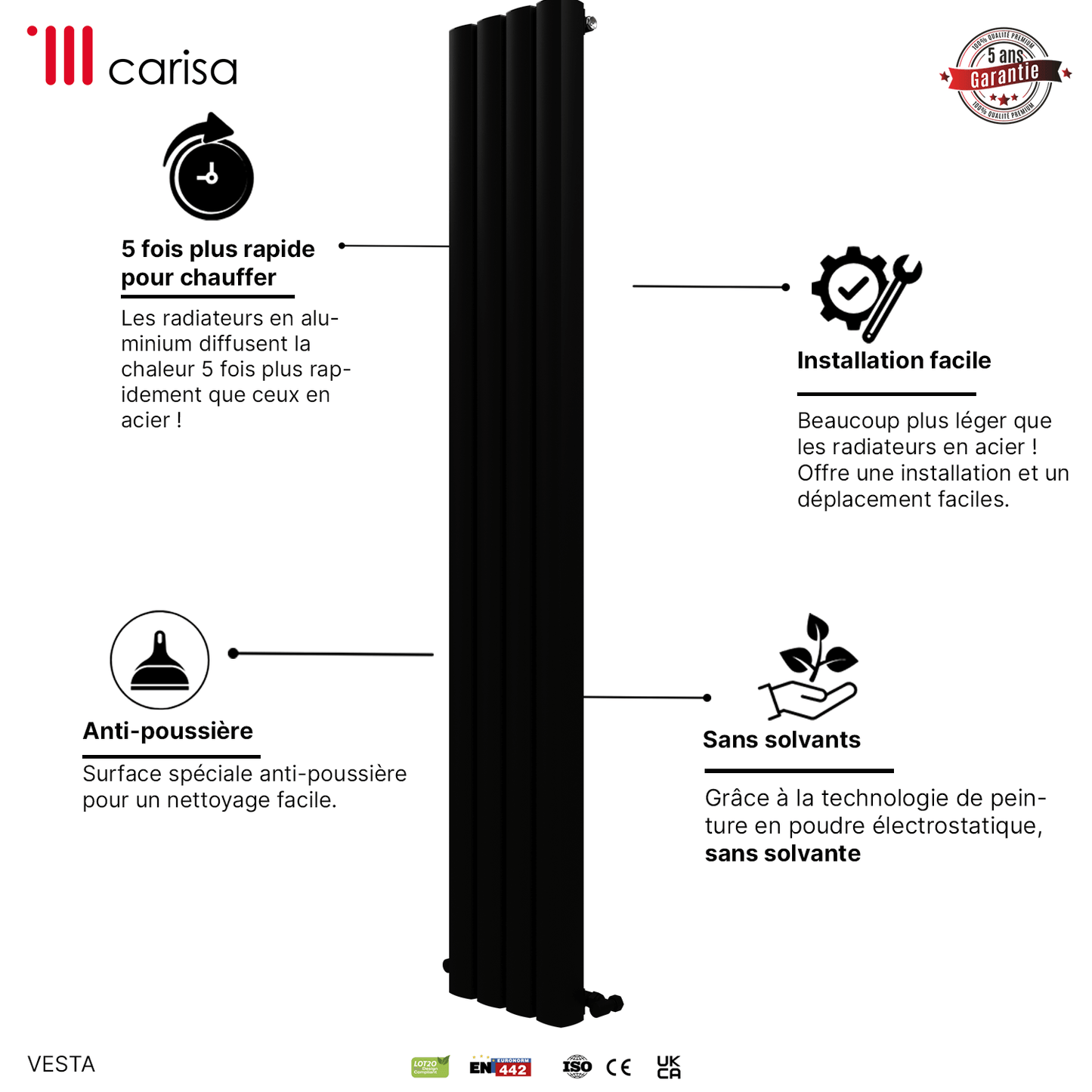 Carisa Vesta Vertikaler Aluminium-Heizkörper, modernes Design, Schwarz