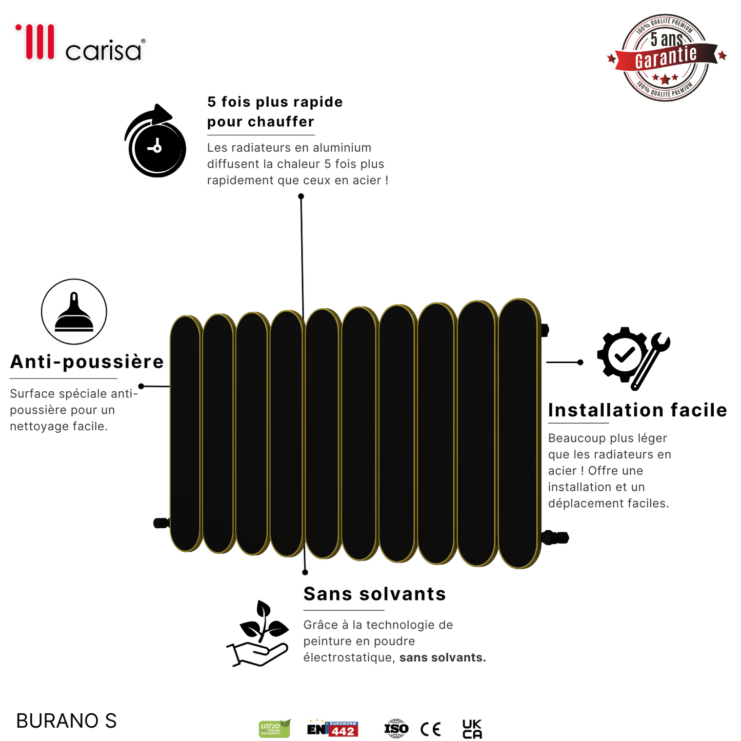 Carisa Magico Horizontaler Aluminium-Heizkörper, modernes Design, Schwarz