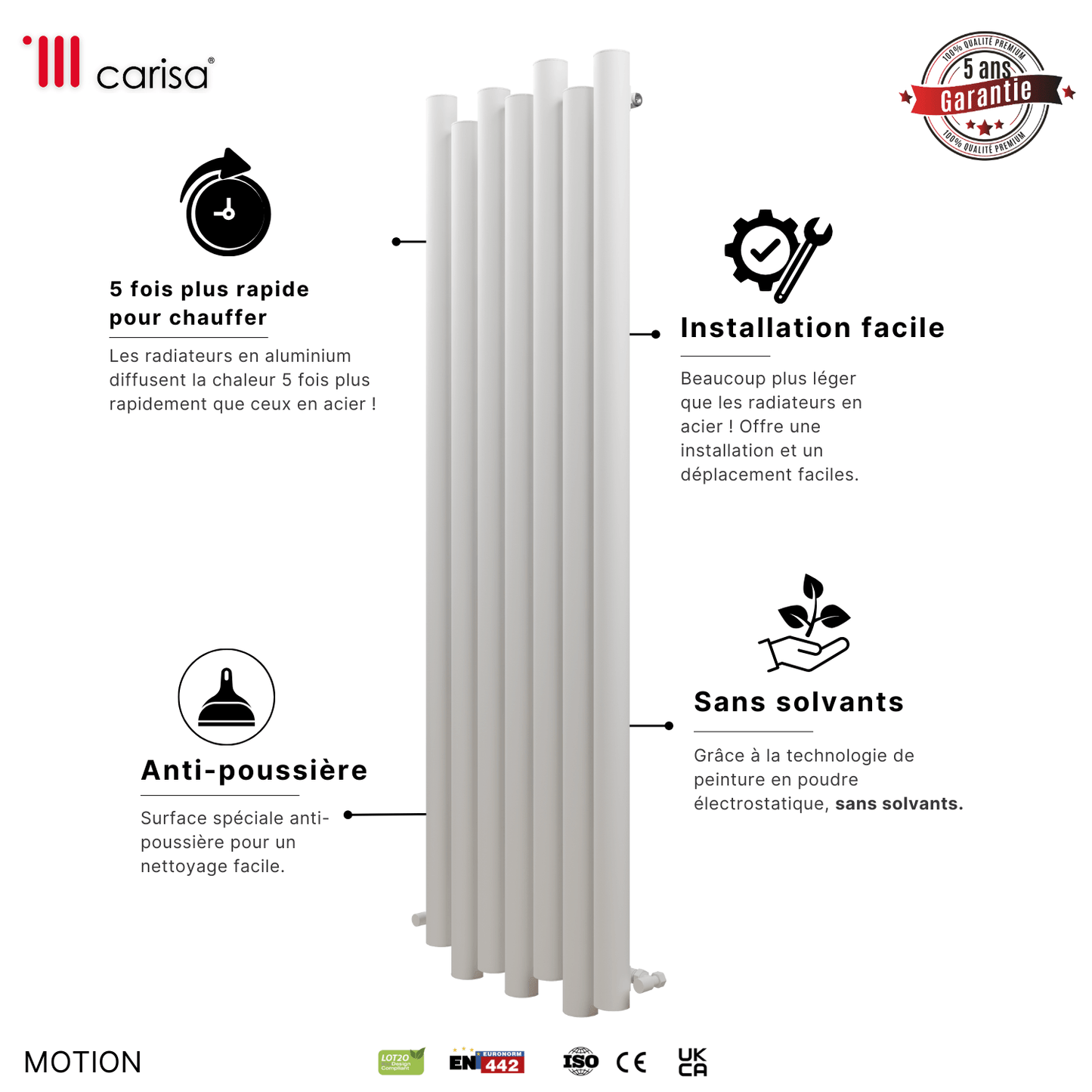 Carisa Motion Vertikaler Aluminium-Heizkörper, modernes Design, Weiß