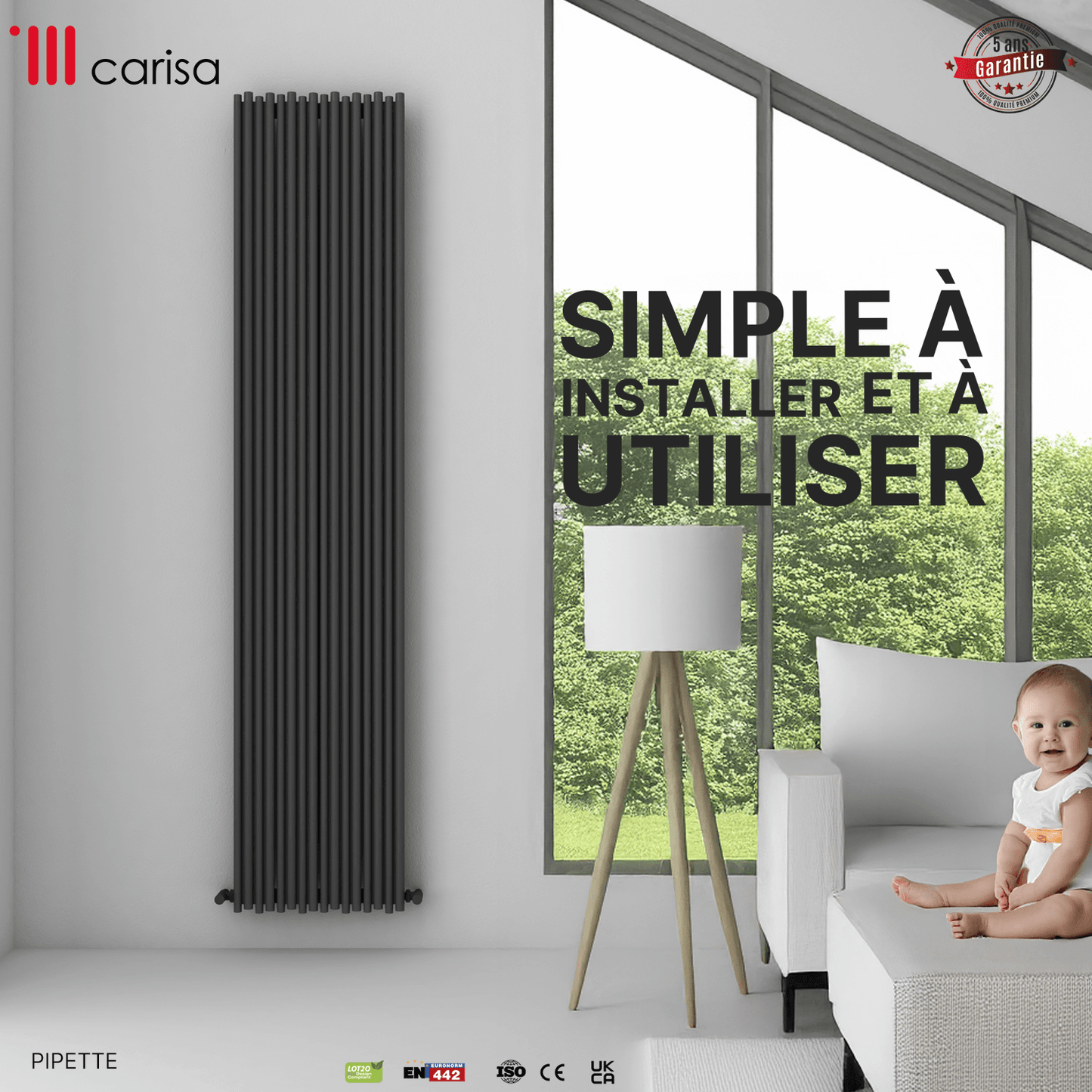 Carisa Pipette Vertikaler Aluminium-Heizkörper, modernes Design, Anthrazit