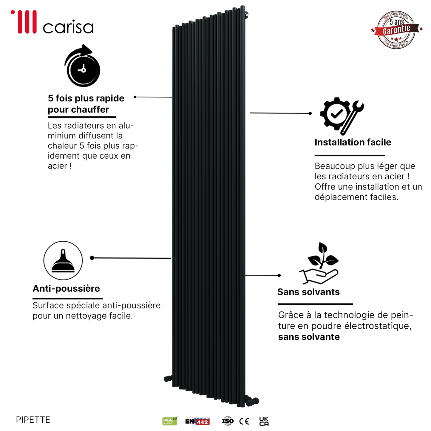 Carisa Pipette Vertikaler Aluminium-Heizkörper, modernes Design, Anthrazit