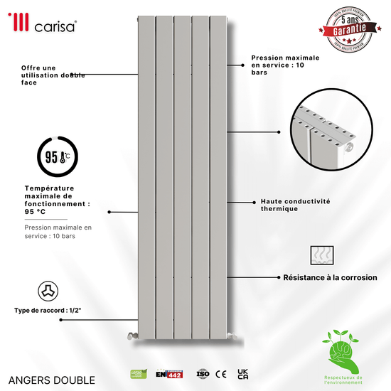 Carisa Angers Vertikaler Aluminium-Heizkörper, modernes Design, Weiß 