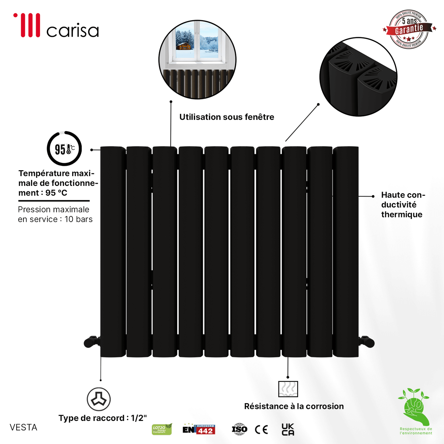 Carisa Vesta Horizontaler Aluminium-Heizkörper, modernes Design, dunkelgrau 