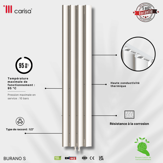 Carisa Burano S Vertikaler Aluminium-Heizkörper, modernes Design, Weiß 