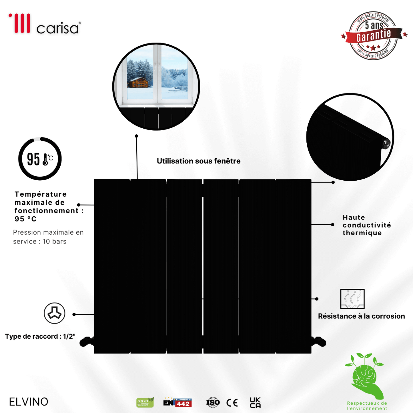Carisa Elvino Horizontaler Aluminium-Heizkörper, modernes Design, Schwarz 