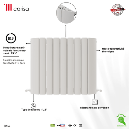 Carisa Gaia Horizontaler Aluminium-Heizkörper, modernes Design, Weiß 