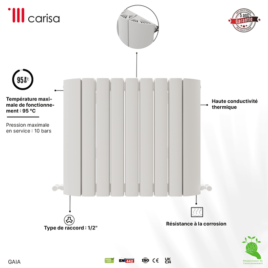 Carisa Gaia Horizontaler Aluminium-Heizkörper, modernes Design, Weiß 