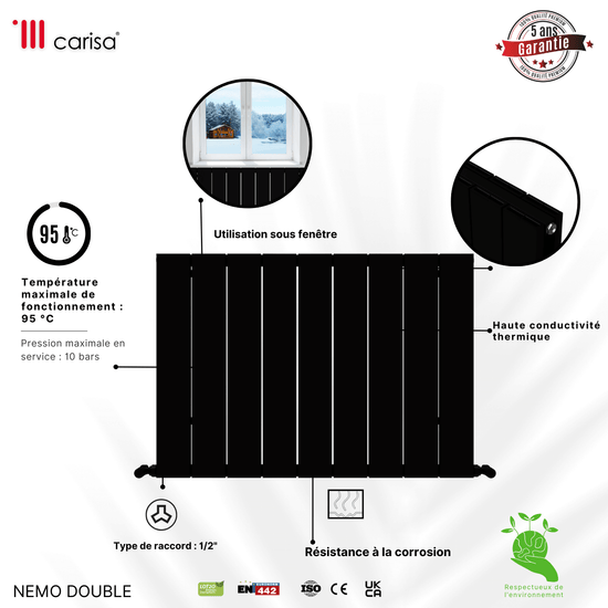 Carisa Nemo Horizontaler Aluminium-Heizkörper, modernes Design, Schwarz 
