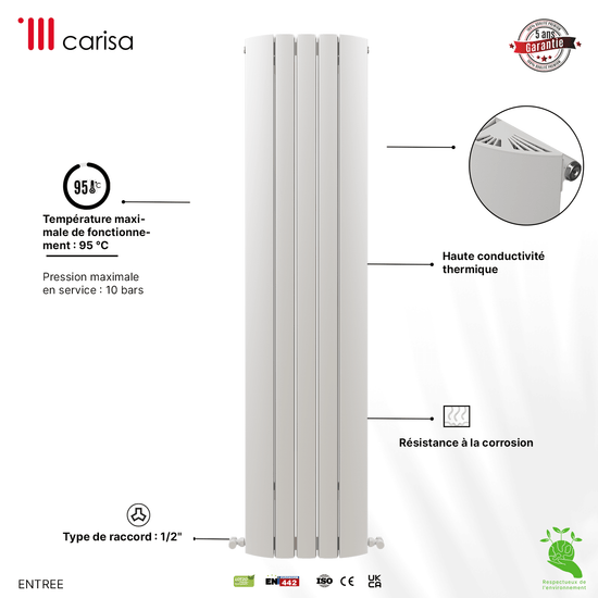 Carisa Gaia Vertikaler Aluminium-Heizkörper, modernes Design, Weiß 