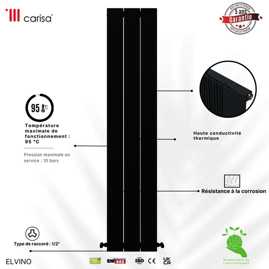 Carisa Elvino Vertikaler Aluminium-Heizkörper, modernes Design, Schwarz 