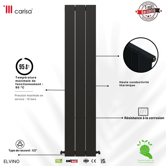 Carisa Elvino Vertikaler Aluminium-Heizkörper, modernes Design, dunkelgrau 