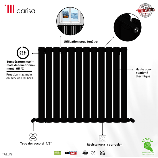 Carisa Tallis Aluminium-Heizkörper, horizontal, modernes Design, Schwarz 